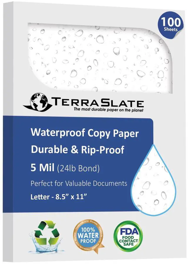 Main image of Premium Waterproof Paper, 5 Mil 8.5 x 11, Laser Printer & Copy Machine Compatible, Durable & Rain/Weather-Proof Copy Paper, White Paper (100 Sheets)