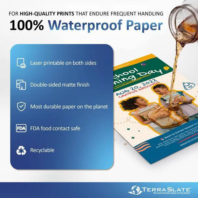 Alt view image 2 of 6 - Premium Waterproof Paper, 5 Mil 8.5 x 11, Laser Printer & Copy Machine Compatible, Durable & Rain/Weather-Proof Copy Paper, White Paper (100 Sheets)