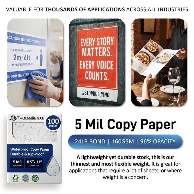 Alt view image 6 of 6 - Premium Waterproof Paper, 5 Mil 8.5 x 11, Laser Printer & Copy Machine Compatible, Durable & Rain/Weather-Proof Copy Paper, White Paper (100 Sheets)