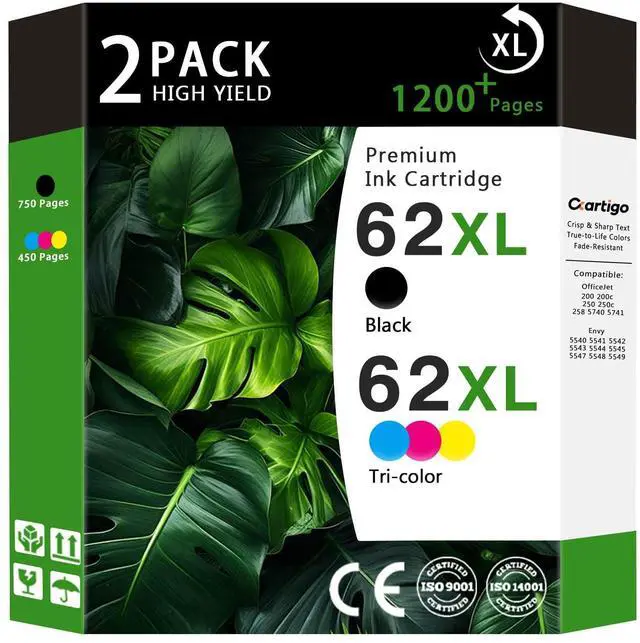 Main image of 62XL High Yield Compatible Ink Cartridges Replacement for HP 62, Fit HP Envy 5540 5640 5660 7644 OfficeJet 5740 5741 8040 200 250 Series Printers, Combo 2-Pack (1 Black / 1 Tri-Color)