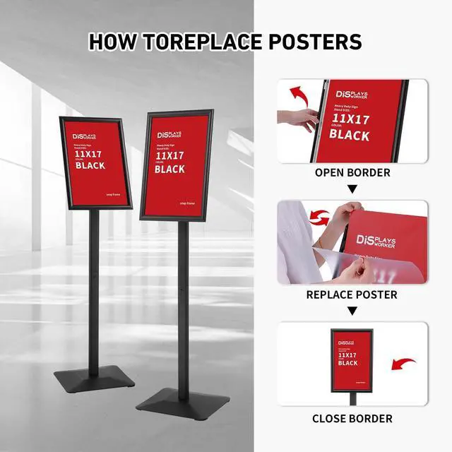 Alt view image 2 of 7 - 4Pcs Floor Sign Holder, Aluminum snap frames Sign Stand heavy duty pedestal sign floor standing for indoor outdoor 11×17 signage poster display stand for restaurant store school (BLACK, 11×17 4 Pack)