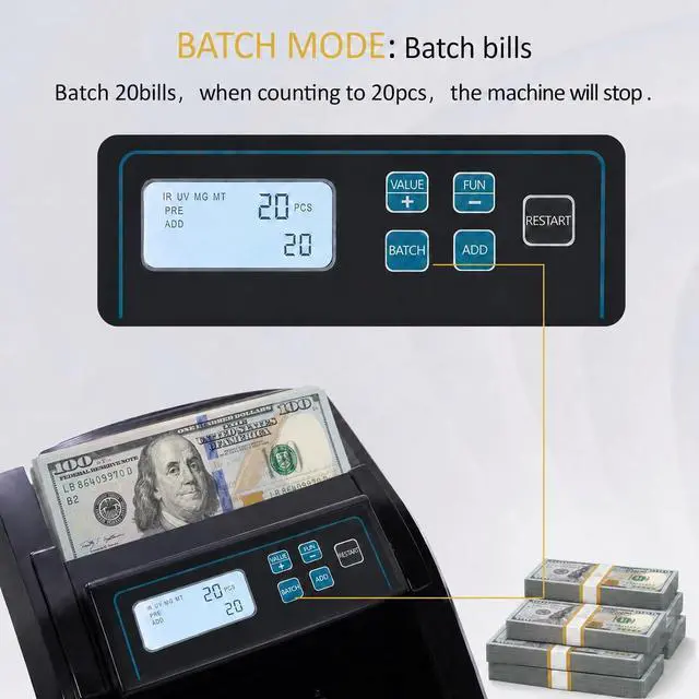 Alt view image 4 of 7 - H-308 Bill Counter Money Counter Machine Batch Mode, Banknote Counter with LCD Display, UV/MG/IR Detection, Value Count/Add+Value/Add+Batch Mode, 1100 Pcs/Mins, Only Supports USD DetectionBlack