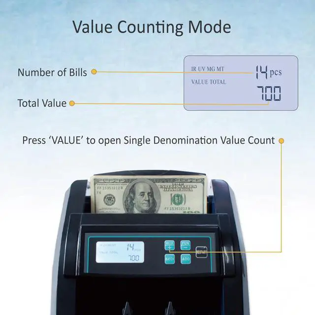 Alt view image 5 of 7 - H-308 Bill Counter Money Counter Machine Batch Mode, Banknote Counter with LCD Display, UV/MG/IR Detection, Value Count/Add+Value/Add+Batch Mode, 1100 Pcs/Mins, Only Supports USD DetectionBlack