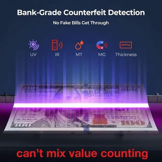 Alt view image 7 of 7 - H-308 Bill Counter Money Counter Machine Batch Mode, Banknote Counter with LCD Display, UV/MG/IR Detection, Value Count/Add+Value/Add+Batch Mode, 1100 Pcs/Mins, Only Supports USD DetectionBlack