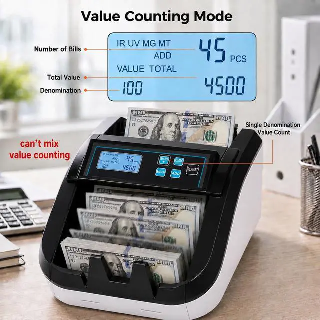 Alt view image 6 of 7 - H-308 Bill Counter Money Counter Machine Batch Mode, Banknote Counter with LCD Display, UV/MG/IR Detection, Value Count/Add+Value/Add+Batch Mode, 1100 Pcs/Mins, Only Supports USD Detection