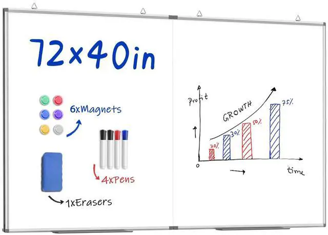 Main image of 72"X 40" Large Magnetic Dry Erase Whiteboard, Removable Wall Hanging Board with 4 Pens & 1 Dry Erasers & 6 Magnets, Sliver Aluminum Frame White
