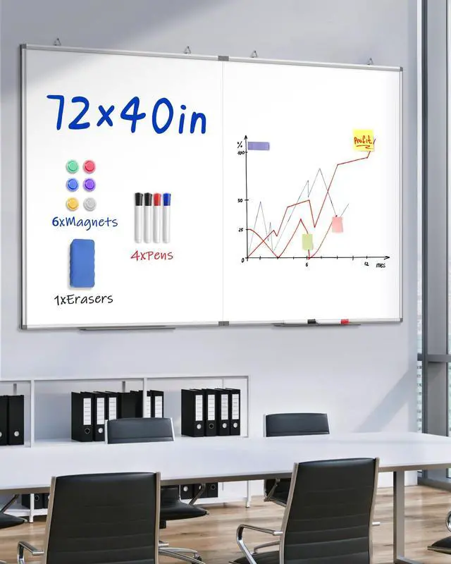 Alt view image 2 of 7 - 72"X 40" Large Magnetic Dry Erase Whiteboard, Removable Wall Hanging Board with 4 Pens & 1 Dry Erasers & 6 Magnets, Sliver Aluminum Frame White