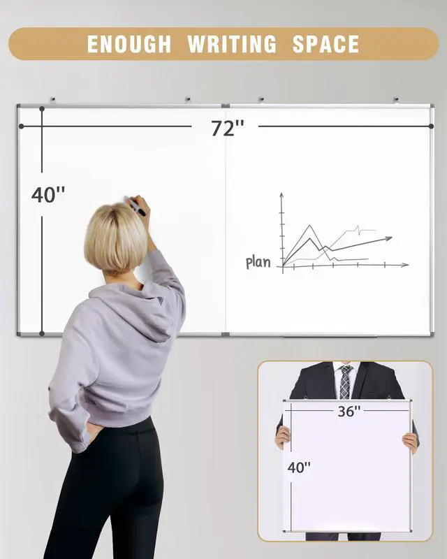Alt view image 6 of 7 - 72"X 40" Large Magnetic Dry Erase Whiteboard, Removable Wall Hanging Board with 4 Pens & 1 Dry Erasers & 6 Magnets, Sliver Aluminum Frame White