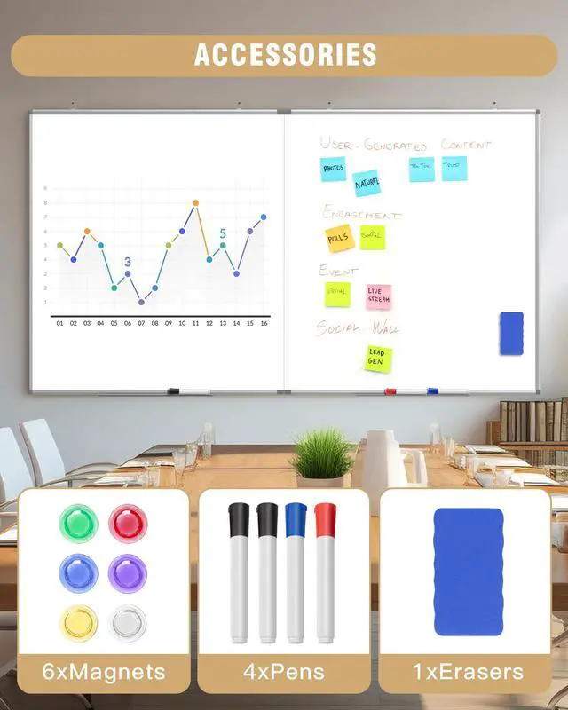 Alt view image 5 of 7 - 72"X 40" Large Magnetic Dry Erase Whiteboard, Removable Wall Hanging Board with 4 Pens & 1 Dry Erasers & 6 Magnets, Sliver Aluminum Frame White