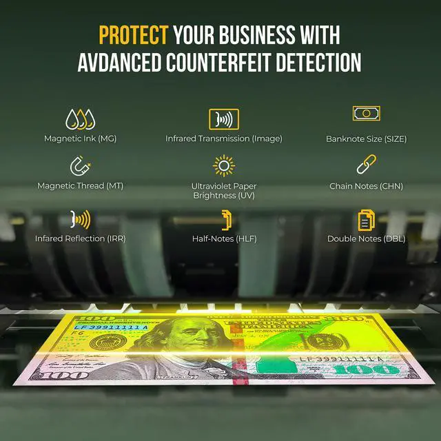 Alt view image 4 of 6 - Money Counter Machine I UV/MG I Set Value Count I LCD Display I Business Grade I Dollar, Euro I Advanced UV/MG/IR/DD/HLF Detection I 1,500 Notes/Min I I UV/MG