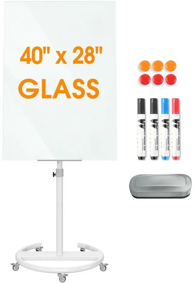 Main image of Magnetic Glass Mobile White Board, 40" x 28" Adjustable Height | Whiteboard with Stand & Wheels, Portable Dry Erase Easel for Office, Classroom & Home, Includes 4 Markers, 6 Magnets & Eraser