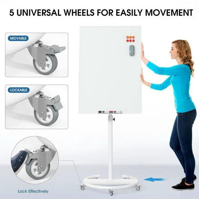 Alt view image 5 of 7 - Magnetic Glass Mobile White Board, 40" x 28" Adjustable Height | Whiteboard with Stand & Wheels, Portable Dry Erase Easel for Office, Classroom & Home, Includes 4 Markers, 6 Magnets & Eraser
