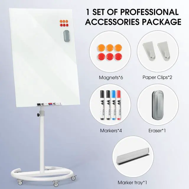 Alt view image 6 of 7 - Magnetic Glass Mobile White Board, 40" x 28" Adjustable Height | Whiteboard with Stand & Wheels, Portable Dry Erase Easel for Office, Classroom & Home, Includes 4 Markers, 6 Magnets & Eraser