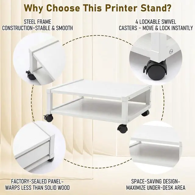 Alt view image 4 of 7 - 2 Tier Printer Stand Under Desk with Lockable Wheels 19.7x15.7x7.9 Inch Rolling Printer Table Cart Under Desk Short Movable Storage Shelf for Home Office Organization(Open Shelf Style,White)
