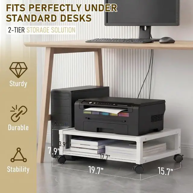 Alt view image 2 of 7 - 2 Tier Printer Stand Under Desk with Lockable Wheels 19.7x15.7x7.9 Inch Rolling Printer Table Cart Under Desk Short Movable Storage Shelf for Home Office Organization(Open Shelf Style,White)