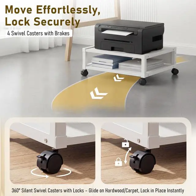 Alt view image 5 of 7 - 2 Tier Printer Stand Under Desk with Lockable Wheels 19.7x15.7x7.9 Inch Rolling Printer Table Cart Under Desk Short Movable Storage Shelf for Home Office Organization(Open Shelf Style,White)