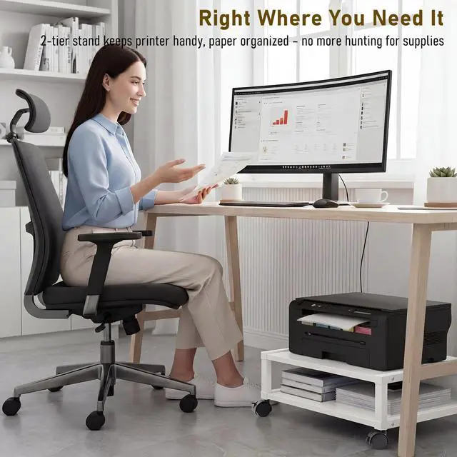 Alt view image 7 of 7 - 2 Tier Printer Stand Under Desk with Lockable Wheels 19.7x15.7x7.9 Inch Rolling Printer Table Cart Under Desk Short Movable Storage Shelf for Home Office Organization(Open Shelf Style,White)
