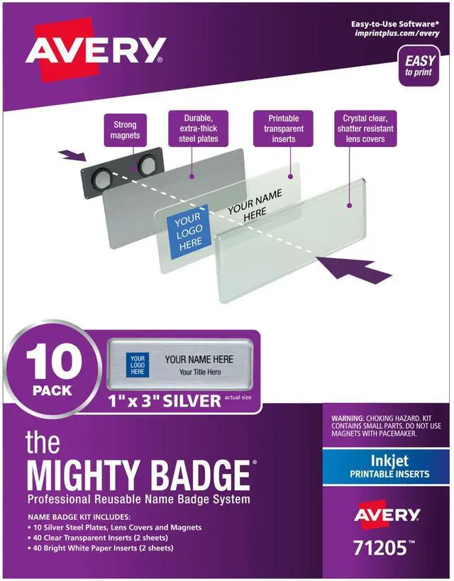 Main image of ® Reusable Magnetic Professional Name Badge System, 1" x 3" Silver Name Tags, 10 Identification Badges, 80 Inkjet Printable Inserts, Design Software Included (71205)