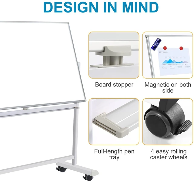 Alt view image 4 of 7 - Mobile Whiteboard with Stand - 60x40 Double Sided Dry Erase Board with Stand, Large White Board on Wheels for Office, Rolling Magnetic Whiteboard with Pen Tray for Meeting, Training by