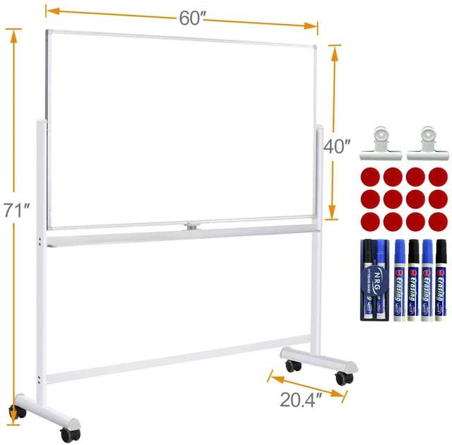 Alt view image 6 of 7 - Mobile Whiteboard with Stand - 60x40 Double Sided Dry Erase Board with Stand, Large White Board on Wheels for Office, Rolling Magnetic Whiteboard with Pen Tray for Meeting, Training by