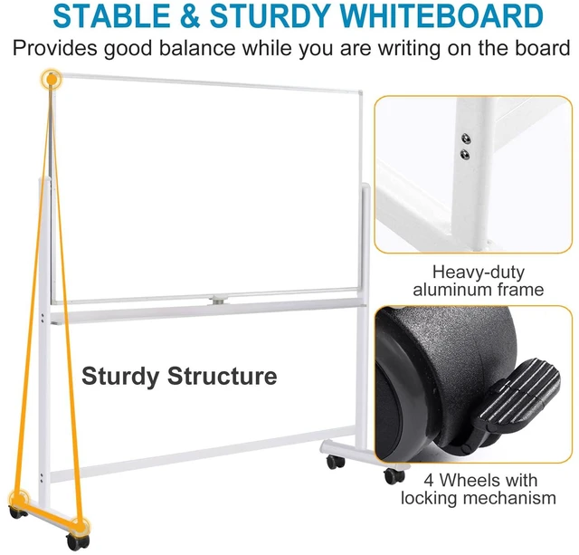 Alt view image 5 of 7 - Mobile Whiteboard with Stand - 60x40 Double Sided Dry Erase Board with Stand, Large White Board on Wheels for Office, Rolling Magnetic Whiteboard with Pen Tray for Meeting, Training by