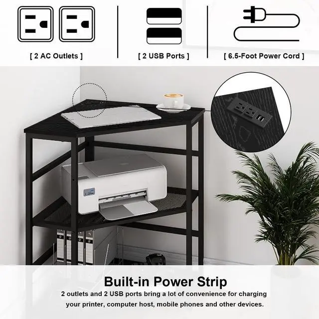 Alt view image 3 of 7 - Corner Printer Stand Table with Power Outlet Charging Plugs USB Port Adjustable Storage Shelf Computer Tower CPU Stand Holder for Home Office (Black)