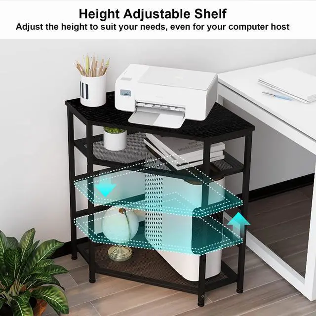 Alt view image 4 of 7 - Corner Printer Stand Table with Power Outlet Charging Plugs USB Port Adjustable Storage Shelf Computer Tower CPU Stand Holder for Home Office (Black)