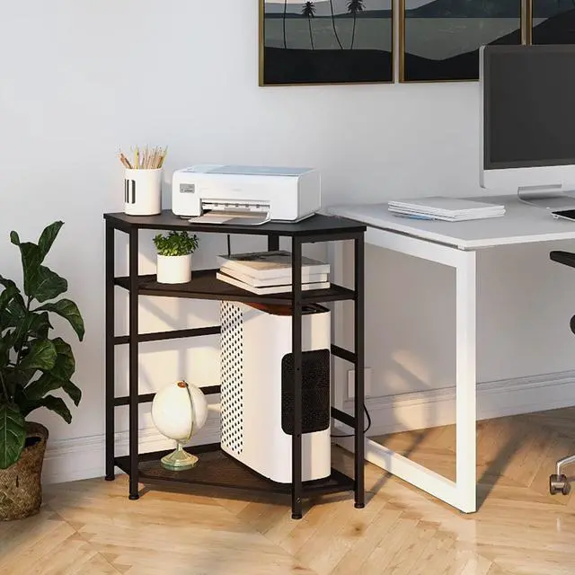 Alt view image 5 of 7 - Corner Printer Stand Table with Power Outlet Charging Plugs USB Port Adjustable Storage Shelf Computer Tower CPU Stand Holder for Home Office (Black)