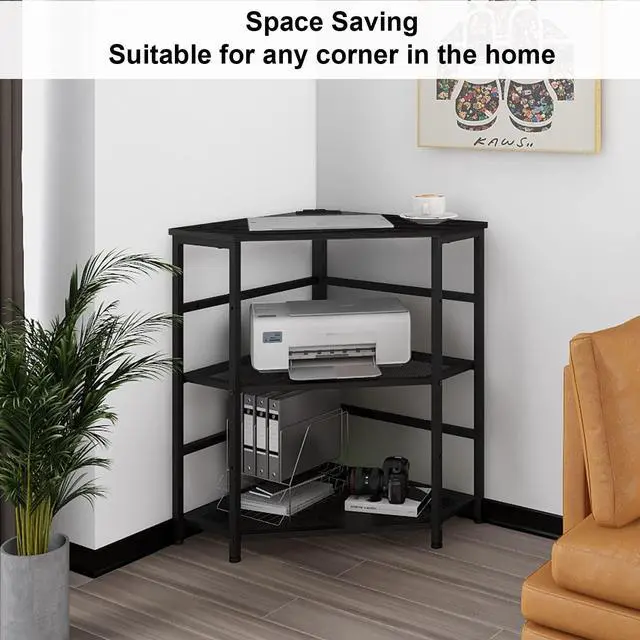 Alt view image 7 of 7 - Corner Printer Stand Table with Power Outlet Charging Plugs USB Port Adjustable Storage Shelf Computer Tower CPU Stand Holder for Home Office (Black)