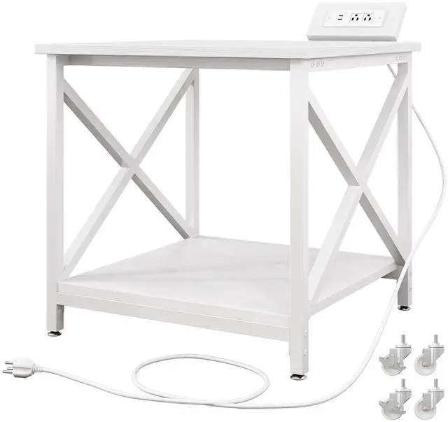 Main image of Large Printer Stand with Power Outlet, with Storage Shelf, 2 Tier Rolling Printer Cart with Industrial Wheels, 23.6 x 23.6 Inches Printer Table for Home Office,White