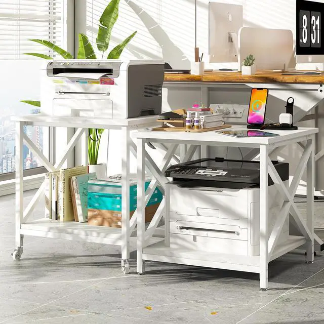 Alt view image 2 of 7 - Large Printer Stand with Power Outlet, with Storage Shelf, 2 Tier Rolling Printer Cart with Industrial Wheels, 23.6 x 23.6 Inches Printer Table for Home Office,White