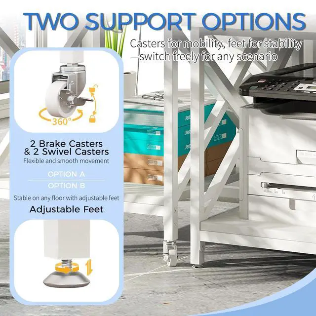 Alt view image 6 of 7 - Large Printer Stand with Power Outlet, with Storage Shelf, 2 Tier Rolling Printer Cart with Industrial Wheels, 23.6 x 23.6 Inches Printer Table for Home Office,White