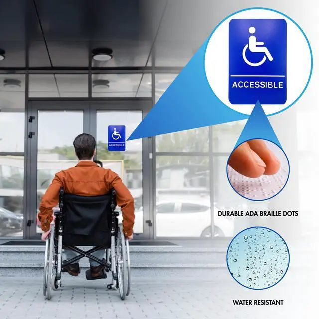 Alt view image 4 of 5 - ADA Handicap Accessible Compliant Sign with Braille Sign w/Adhesive Back - Durable and Wipe Clean Plastic - 9"X6" - Blue and White - Business Restaurant Signage - 12 PK