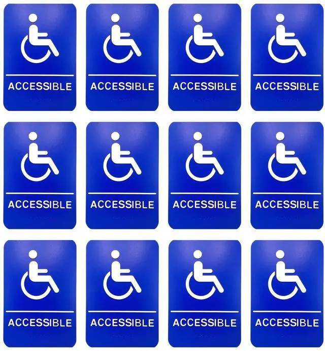 Main image of ADA Handicap Accessible Compliant Sign with Braille Sign w/Adhesive Back - Durable and Wipe Clean Plastic - 9"X6" - Blue and White - Business Restaurant Signage - 12 PK