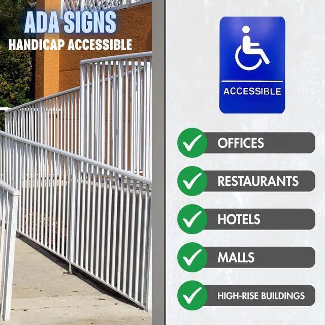Alt view image 5 of 5 - ADA Handicap Accessible Compliant Sign with Braille Sign w/Adhesive Back - Durable and Wipe Clean Plastic - 9"X6" - Blue and White - Business Restaurant Signage - 12 PK