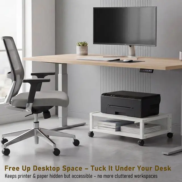 Alt view image 6 of 7 - 2 Tier Printer Stand Under Desk with Lockable Wheels 19.7x15.7x7.9 Inch Rolling Printer Table Cart Under Desk Short Movable Storage Shelf for Home Office Organization(Open Shelf Style,White)