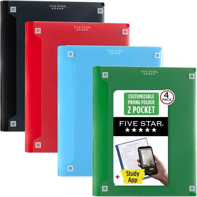 Main image of 2-Pocket Folder + Study App, Plastic Folder with Prong Fasteners and Customizable Clear Cover, Holds 8-1/2" x 11" Paper, Black, Pacific Blue, Fire Red, Forest Green (340220A-ECM),Pack of 24