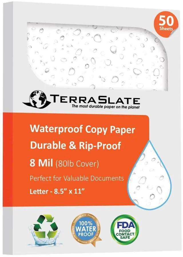 Main image of Premium Waterproof Laser Printer Copy Paper, 8.5" x 11", 8 Mil Rain, Weatherproof, 50 Sheets
