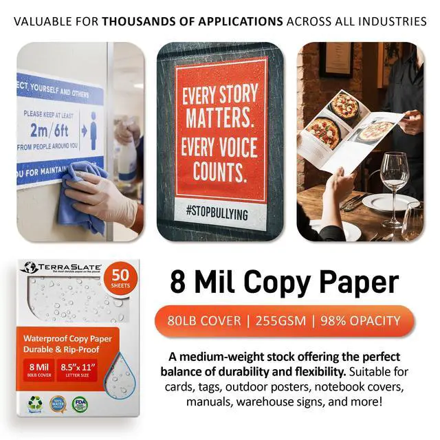 Alt view image 6 of 6 - Premium Waterproof Laser Printer Copy Paper, 8.5" x 11", 8 Mil Rain, Weatherproof, 50 Sheets