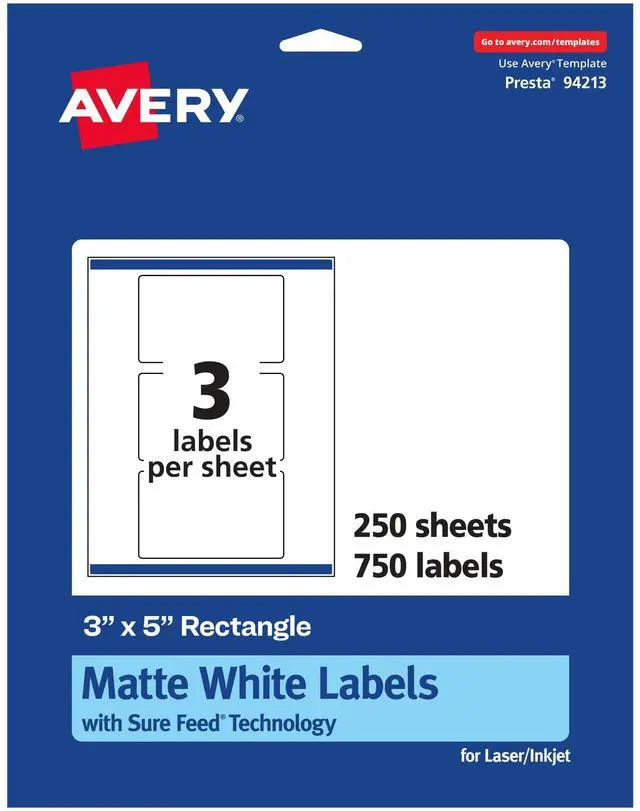 Main image of ® Matte White Rectangle Labels, Sure Feed® Technology, 3" x 5", 750 Matte White Printable Labels