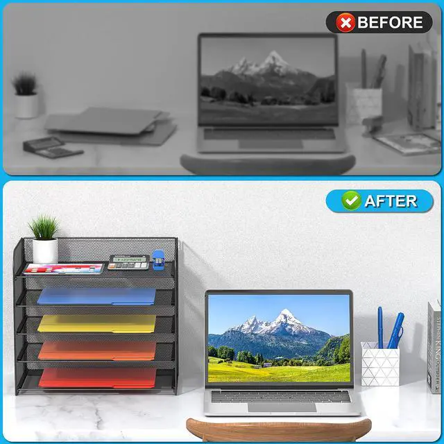 Alt view image 4 of 6 - 2 Pack Legal/A4/Letter Size Desk Paper Organizer Desktop File Organizer Document Sorter, 5 Tier Mesh Letter Tray File Folder Holder Office Accessories Organization