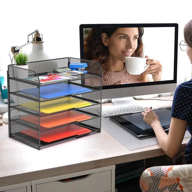 Alt view image 2 of 6 - 2 Pack Legal/A4/Letter Size Desk Paper Organizer Desktop File Organizer Document Sorter, 5 Tier Mesh Letter Tray File Folder Holder Office Accessories Organization