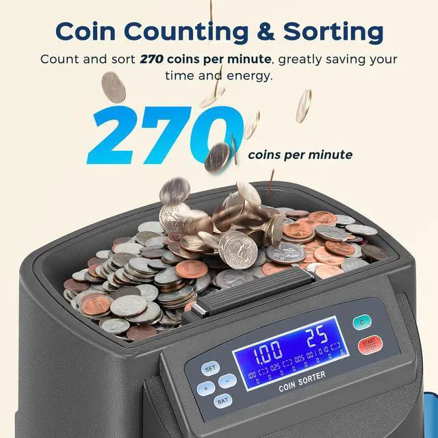 Alt view image 4 of 6 - Coin Counter & Coin Sorter Machine for USD Coin 1 5 10 25 $1, Sorts up to 270 Coins/min, Included 5 Coin Trays & 5 Tubes & 50PCS Wrappers