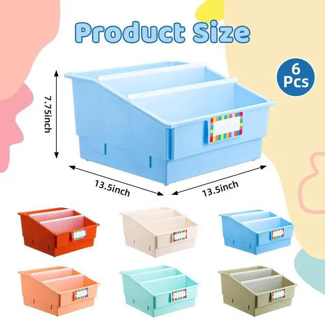 Alt view image 2 of 7 - 6 Pack Picture Book Organizer Bins with Dividers Large Plastic Book Holders with Labels Multi Purpose Classroom Organization Bins Storage Container (Boho Color,13.5 " X 13.5 " X 7.75")