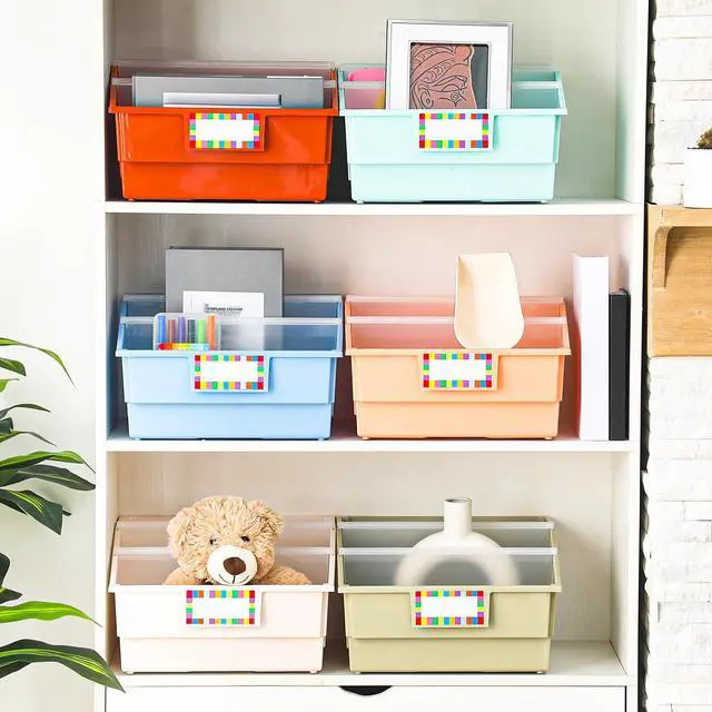 Alt view image 6 of 7 - 6 Pack Picture Book Organizer Bins with Dividers Large Plastic Book Holders with Labels Multi Purpose Classroom Organization Bins Storage Container (Boho Color,13.5 " X 13.5 " X 7.75")