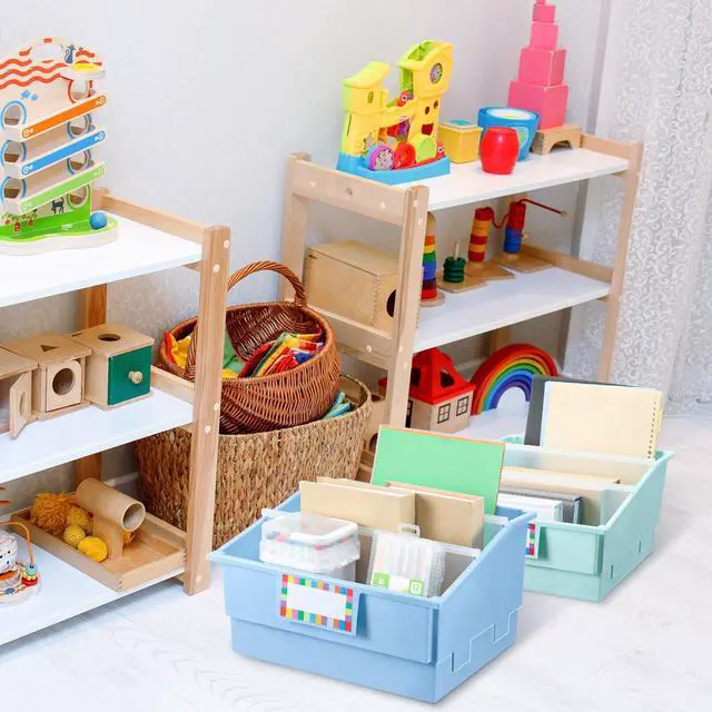 Alt view image 5 of 7 - 6 Pack Picture Book Organizer Bins with Dividers Large Plastic Book Holders with Labels Multi Purpose Classroom Organization Bins Storage Container (Boho Color,13.5 " X 13.5 " X 7.75")