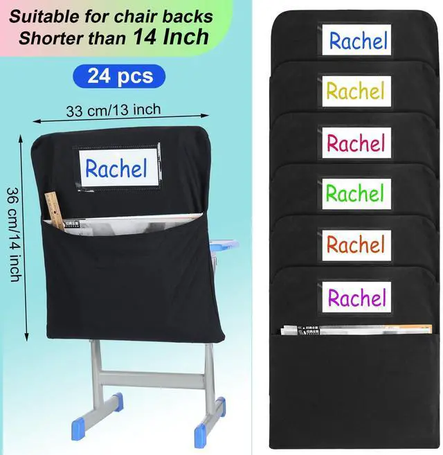 Alt view image 2 of 7 - 24 Pcs Small Chair Pockets for Classroom 14 Inch School Chairs Bag Chairback Buddy Seat Pocket Student Classroom Organizer with Name Tag for Primary School Chair up to 14'' Wide(Black)