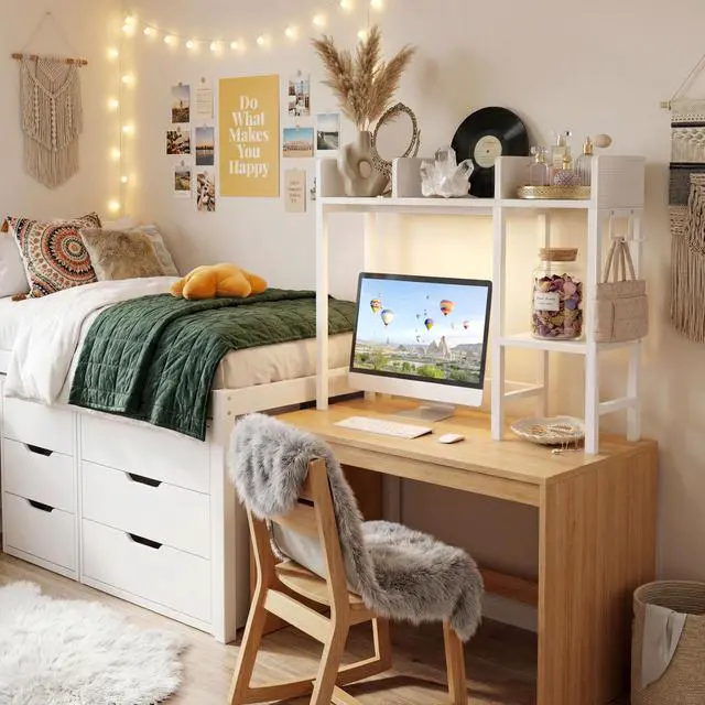 Alt view image 2 of 7 - Desk Hutch Dorm Room, Desktop Bookshelf for Computer Desk 37" Hutch Organizer Tabletop Storage Rack for College Essentials Home Office White