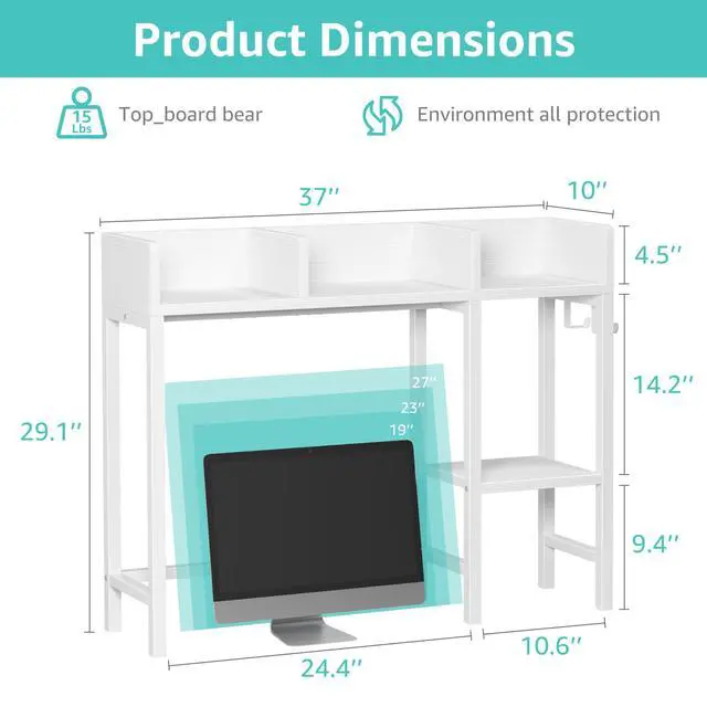 Alt view image 3 of 7 - Desk Hutch Dorm Room, Desktop Bookshelf for Computer Desk 37" Hutch Organizer Tabletop Storage Rack for College Essentials Home Office White