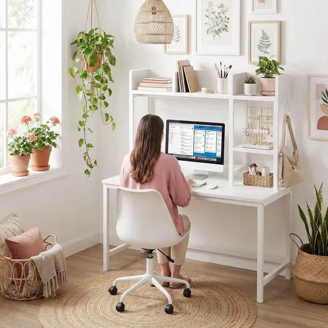 Alt view image 7 of 7 - Desk Hutch Dorm Room, Desktop Bookshelf for Computer Desk 37" Hutch Organizer Tabletop Storage Rack for College Essentials Home Office White